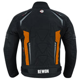 Rewon motorcycle jacket, textile with CE armor, black and orange color, robust protection for boxen and fitness enthusiasts.